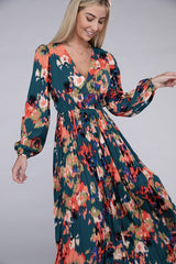 Green Floral Satin Pleated Maxi Dress, Nuvi Apparel, $ 48.95