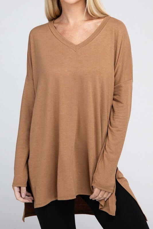 Dolman Long Sleeve V-Neck Side Slit Hi-Low Hem Top, ZENANA, $ 19.00