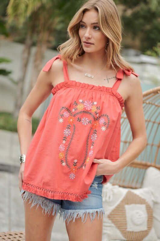 Embroidered Sleeveless Ruffle Tank Top, Davi & Dani, $ 53.95