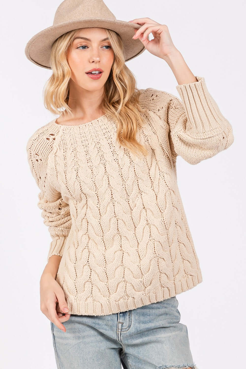 Women's Sandstone Beige Cable-Knit Sweater | USA Boutique, SAGE + FIG, $ 57.00