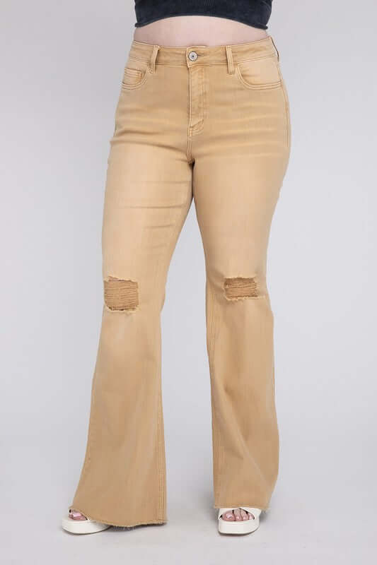 Plus Size Sand High Rise Distressed  Flare Jeans