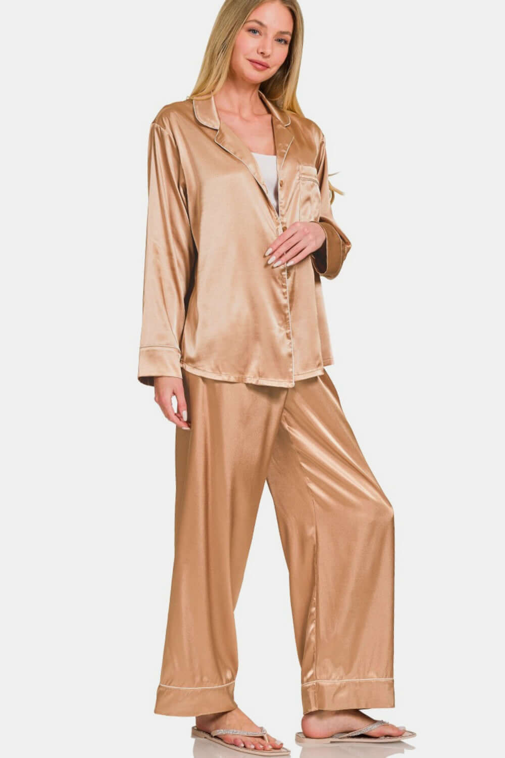 Women's Brush Satin Long Sleeve Shirt and Pants Pajama Set Loungewear, Zenana, $ 55.00