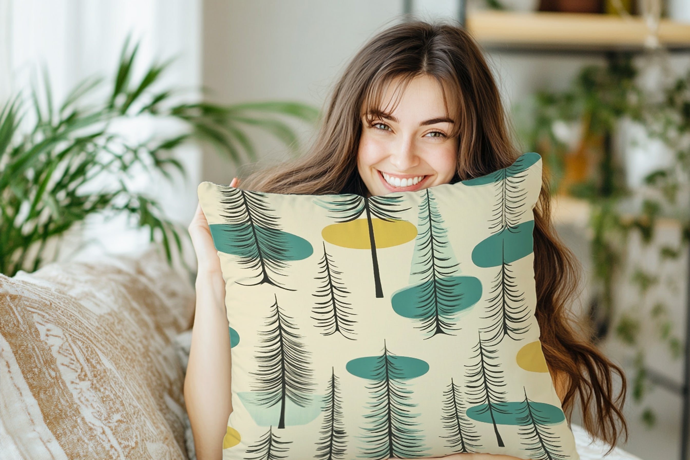 Floriva Mid-Century Green Yellow Tree Pattern Premium Throw Pillow Decorative Cushion