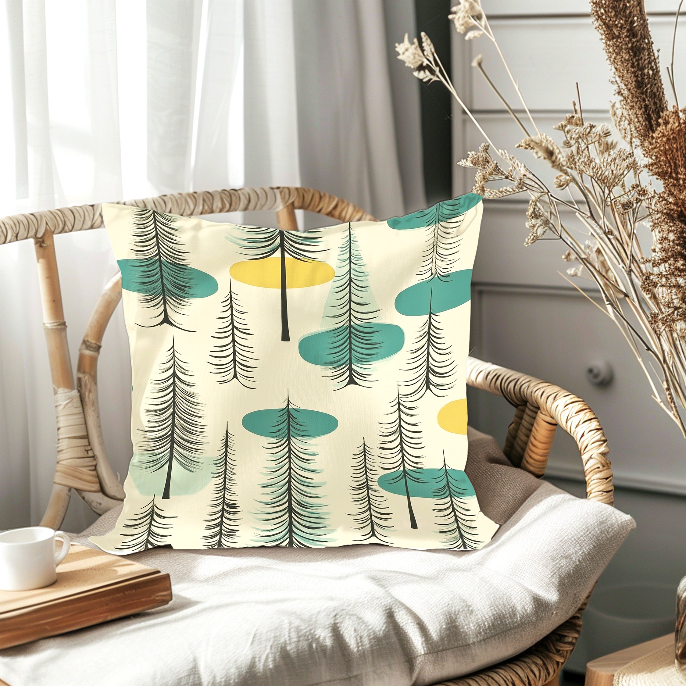 Floriva Mid-Century Green Yellow Tree Pattern Premium Throw Pillow Decorative Cushion