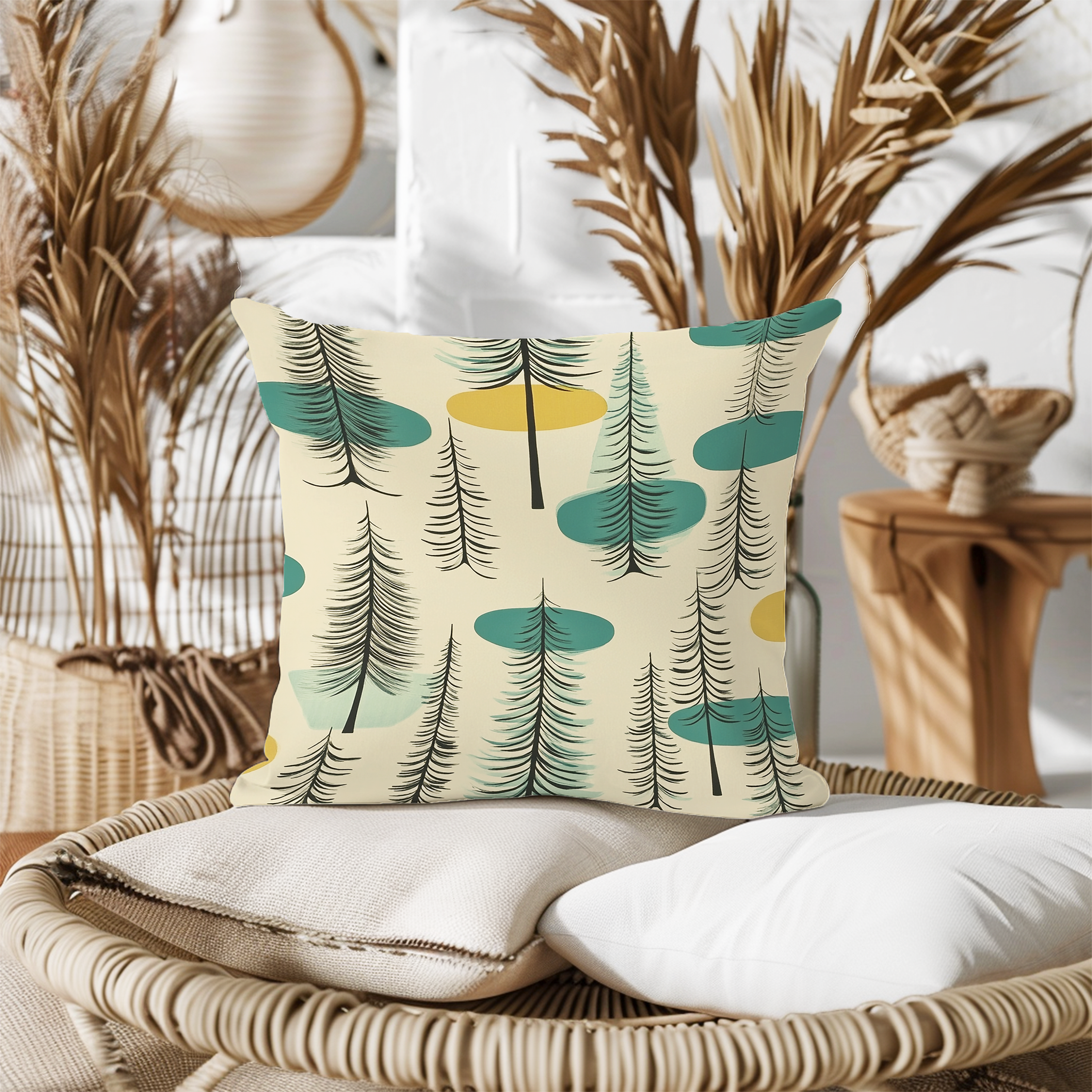 Floriva Mid-Century Green Yellow Tree Pattern Premium Throw Pillow Decorative Cushion