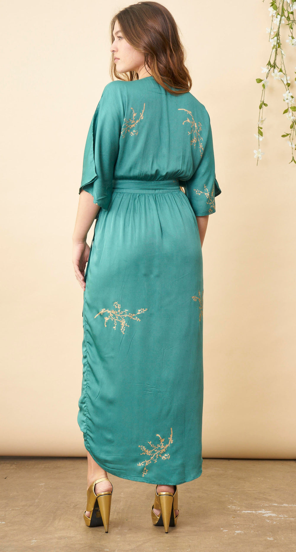 Cherry Blossom Maxi Wrap Dress in Emerald + Gold | Boutique In USA, Dresses, $ 180.00, A Moment Of Now™