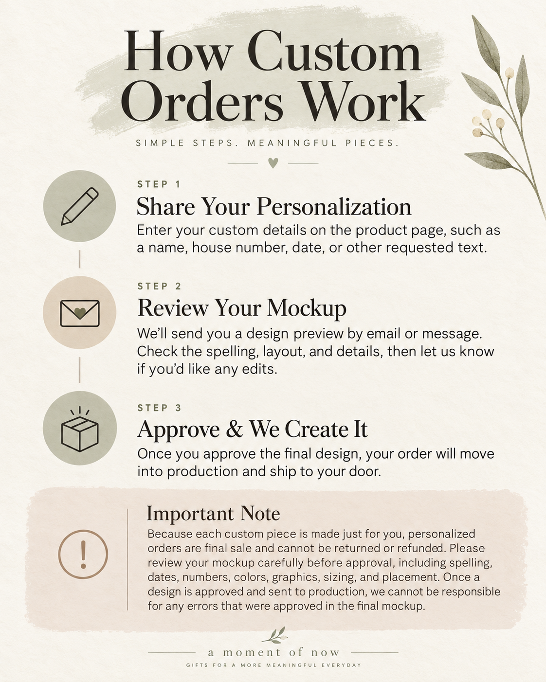 How custom orders work: share personalization, review your mockup, approve the final design, and production begins