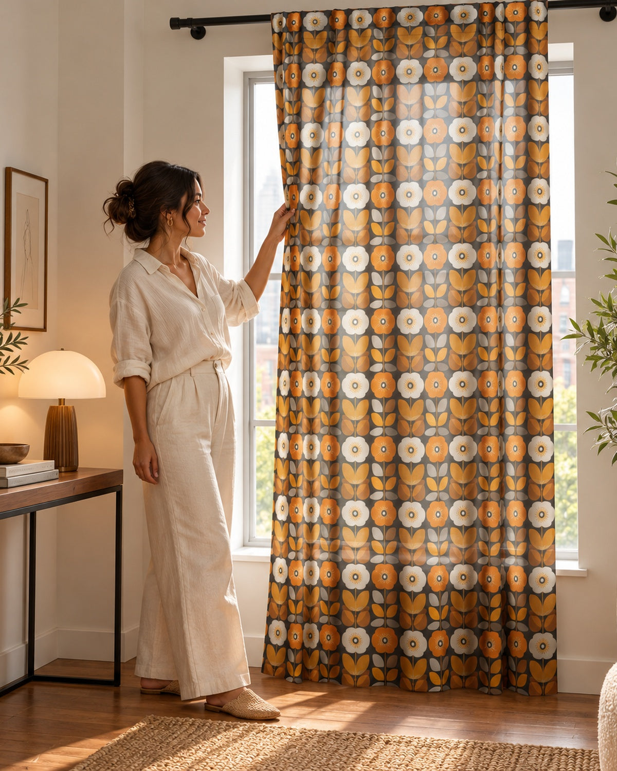 Retro Floral Sheer Curtain — Mid-Century Orange Tulip Window Panel
