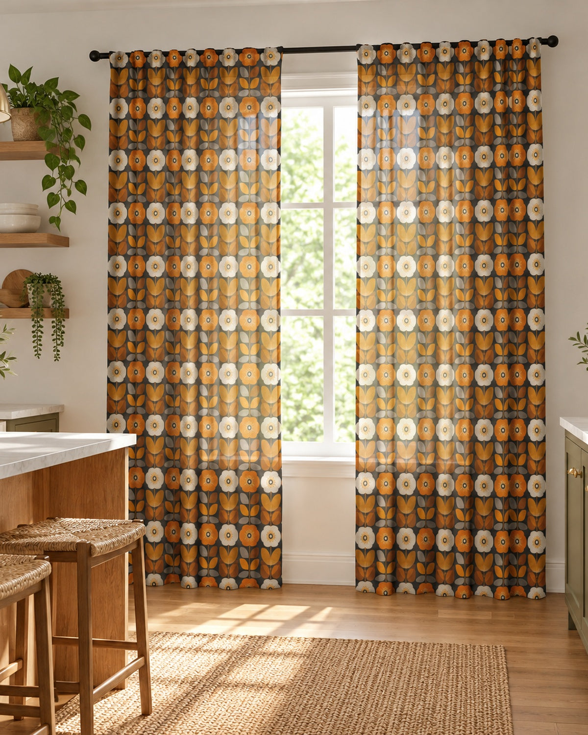 Retro Floral Sheer Curtain — Mid-Century Orange Tulip Window Panel