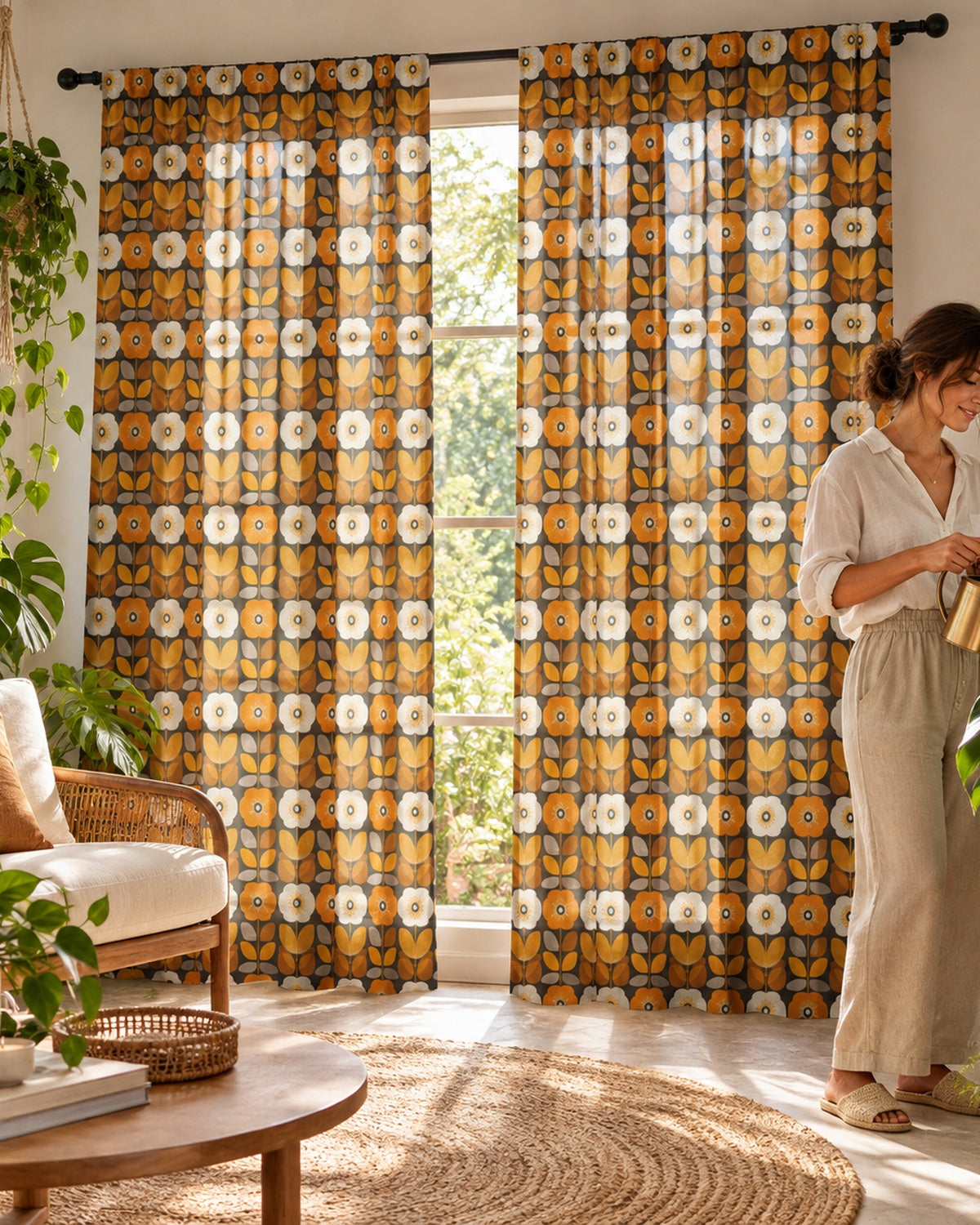 Retro Floral Sheer Curtain — Mid-Century Orange Tulip Window Panel