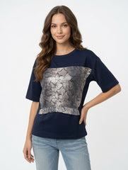 Blue Snake Print Sequin Panel Short Sleeve Top Blouse Style Peplum Hem
