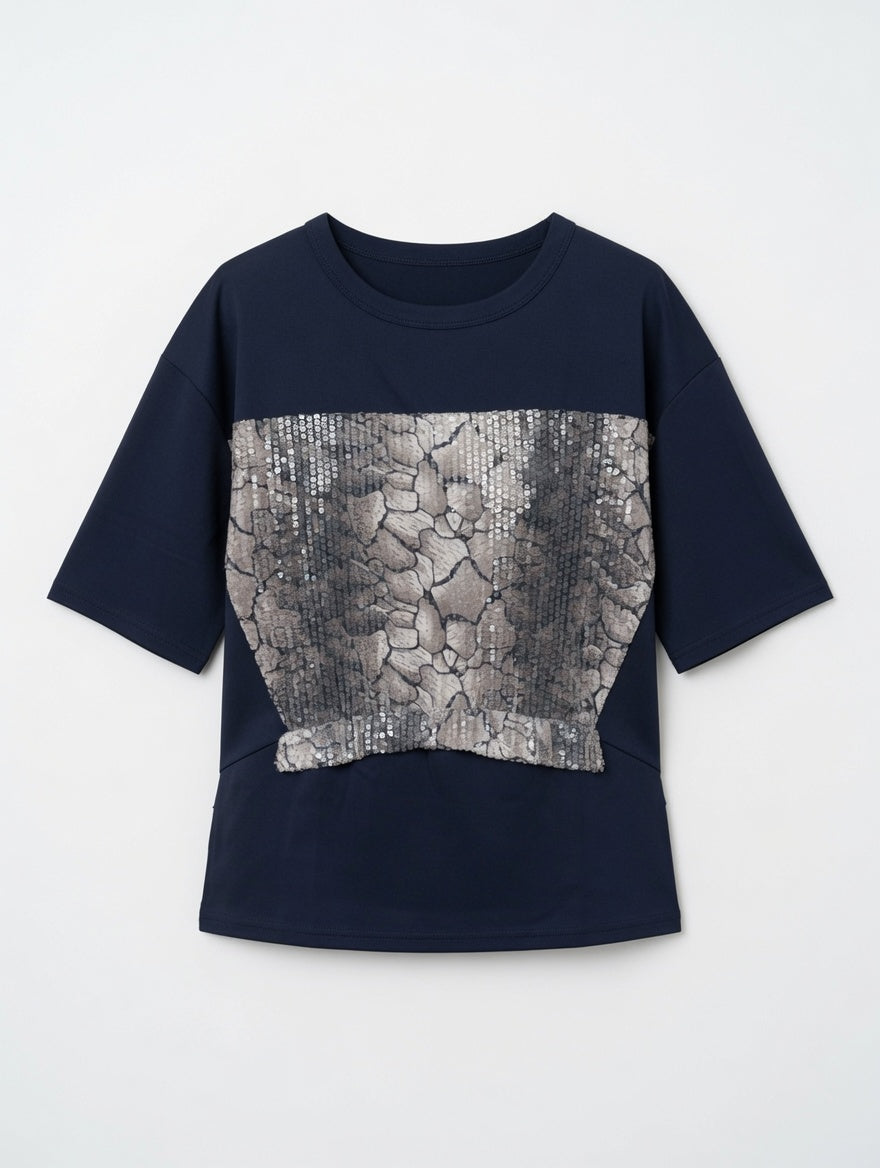 Blue Snake Print Sequin Panel Short Sleeve Top Blouse Style Peplum Hem