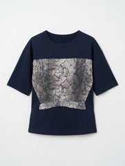 Blue Snake Print Sequin Panel Short Sleeve Top Blouse Style Peplum Hem
