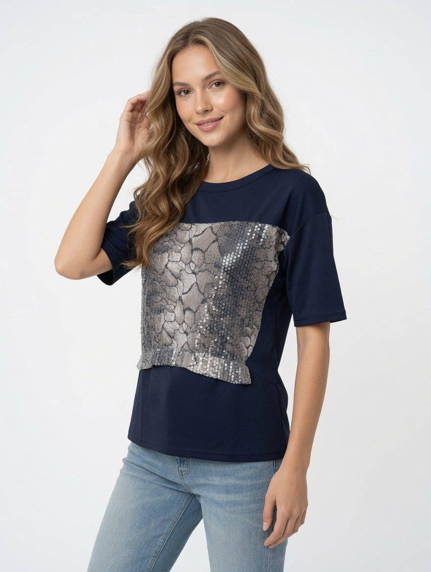 Blue Snake Print Sequin Panel Short Sleeve Top Blouse Style Peplum Hem