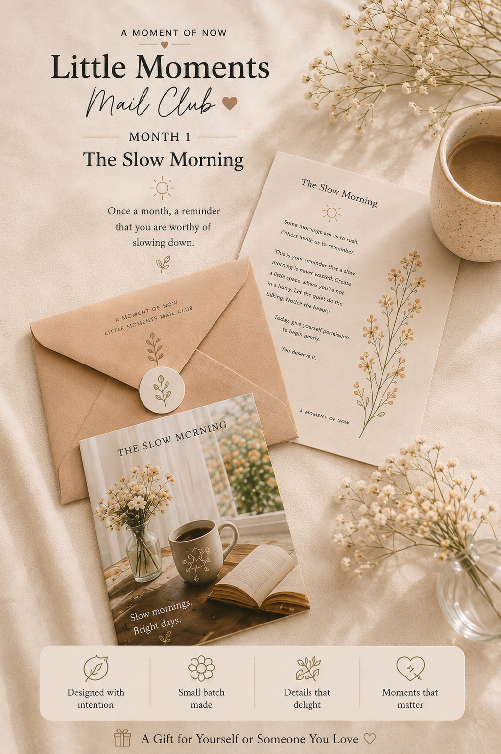 Little Moments Mail Club happy mail envelope with The Slow Morning card and flowers