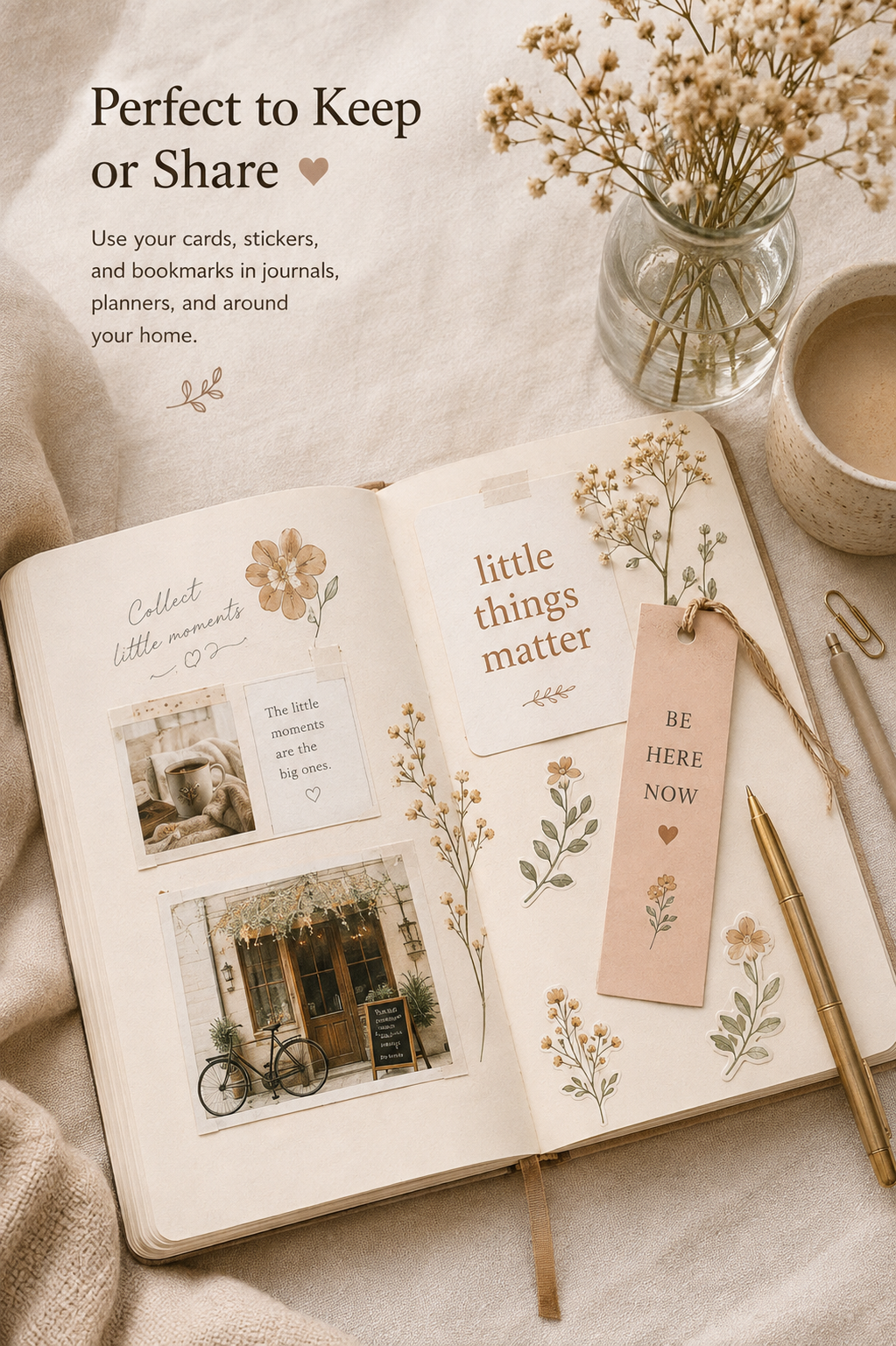 Perfect to Keep or Share Little Moments Mail Club cards stickers and bookmark in a journal