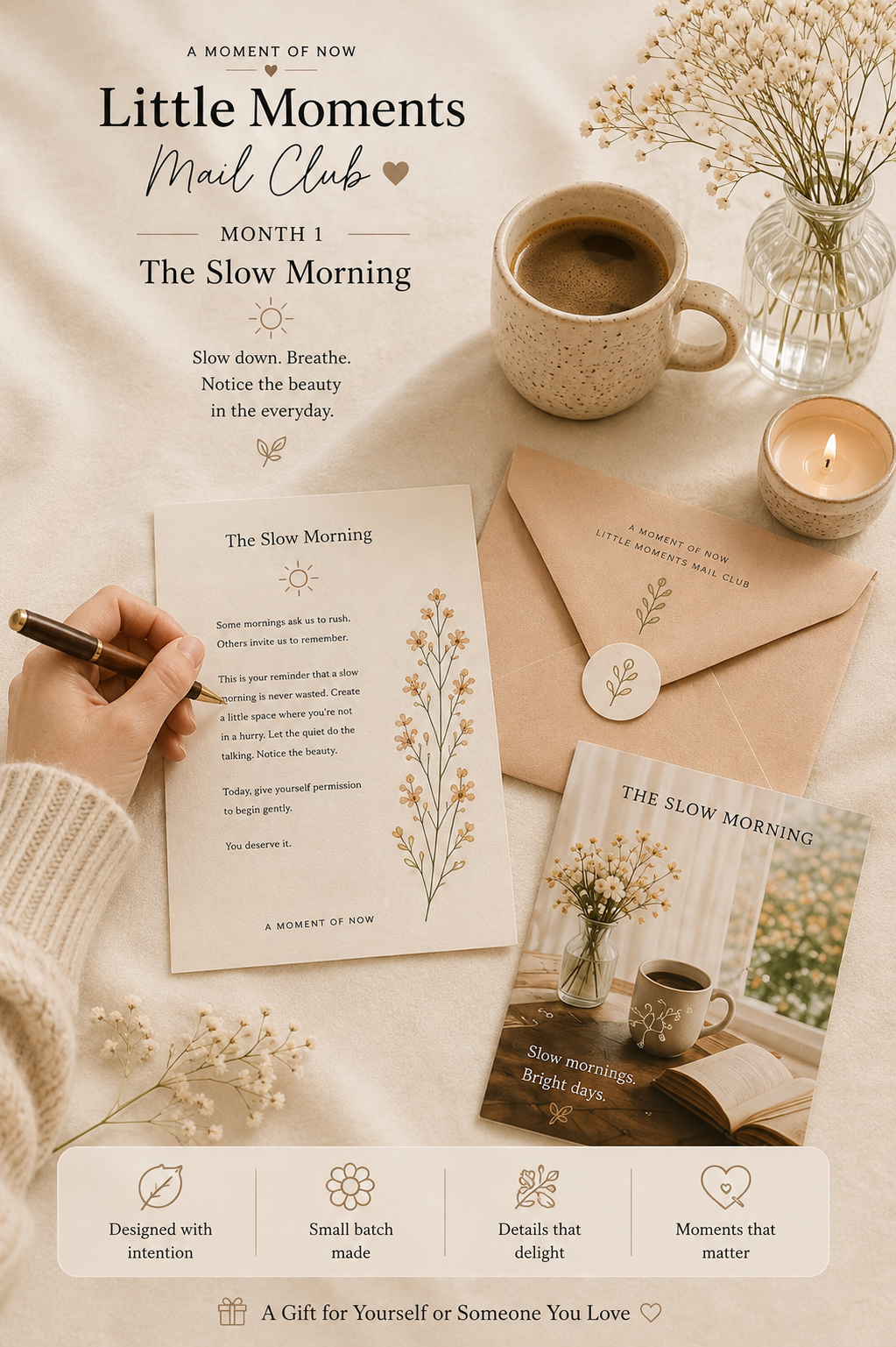 Little Moments Mail Club The Slow Morning letter with coffee candle and flowers