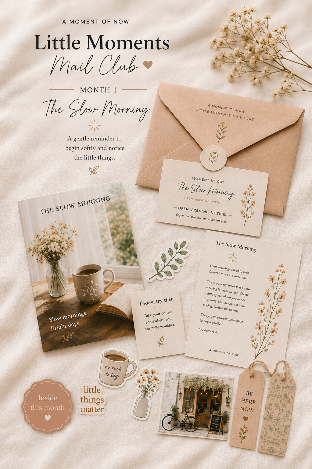 Little Moments Mail Club Month 1 The Slow Morning contents flat lay