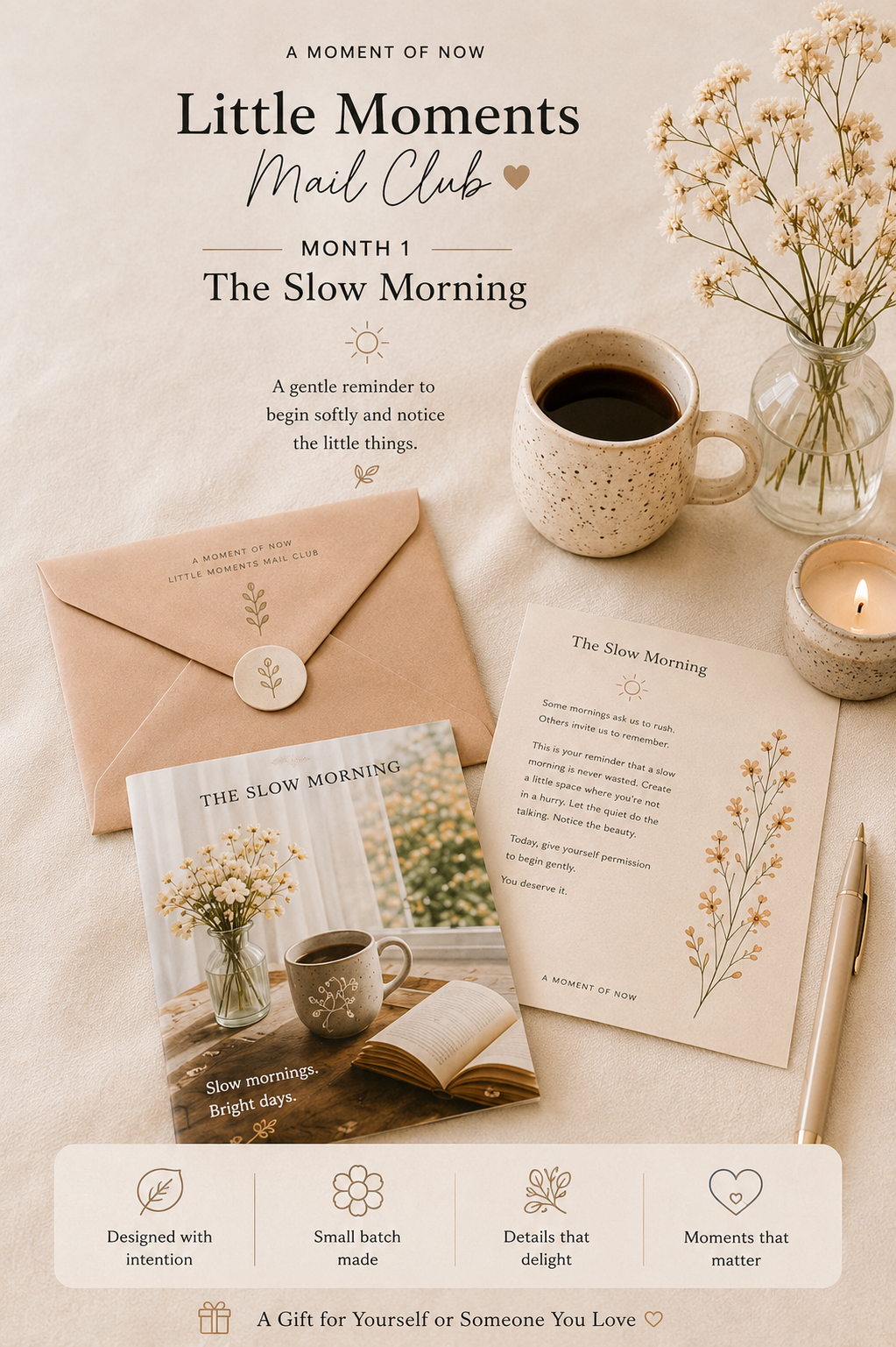 Thoughtfully curated Little Moments Mail Club stationery with coffee flowers and envelope