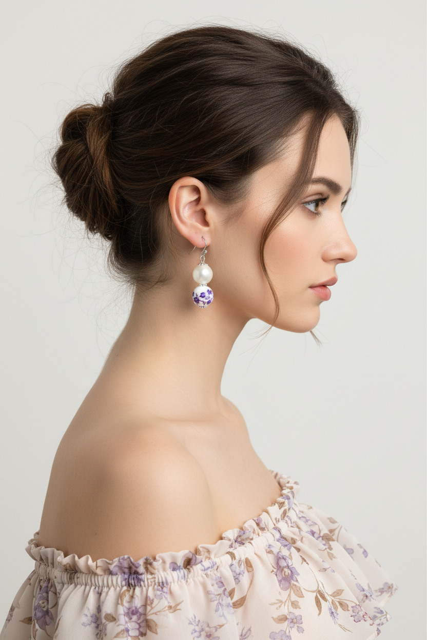 Purple Flower Pearl Dangle Earrings | Handcrafted Porcelain Jewelry, Earrings, $ 18.95, A Moment Of Now™