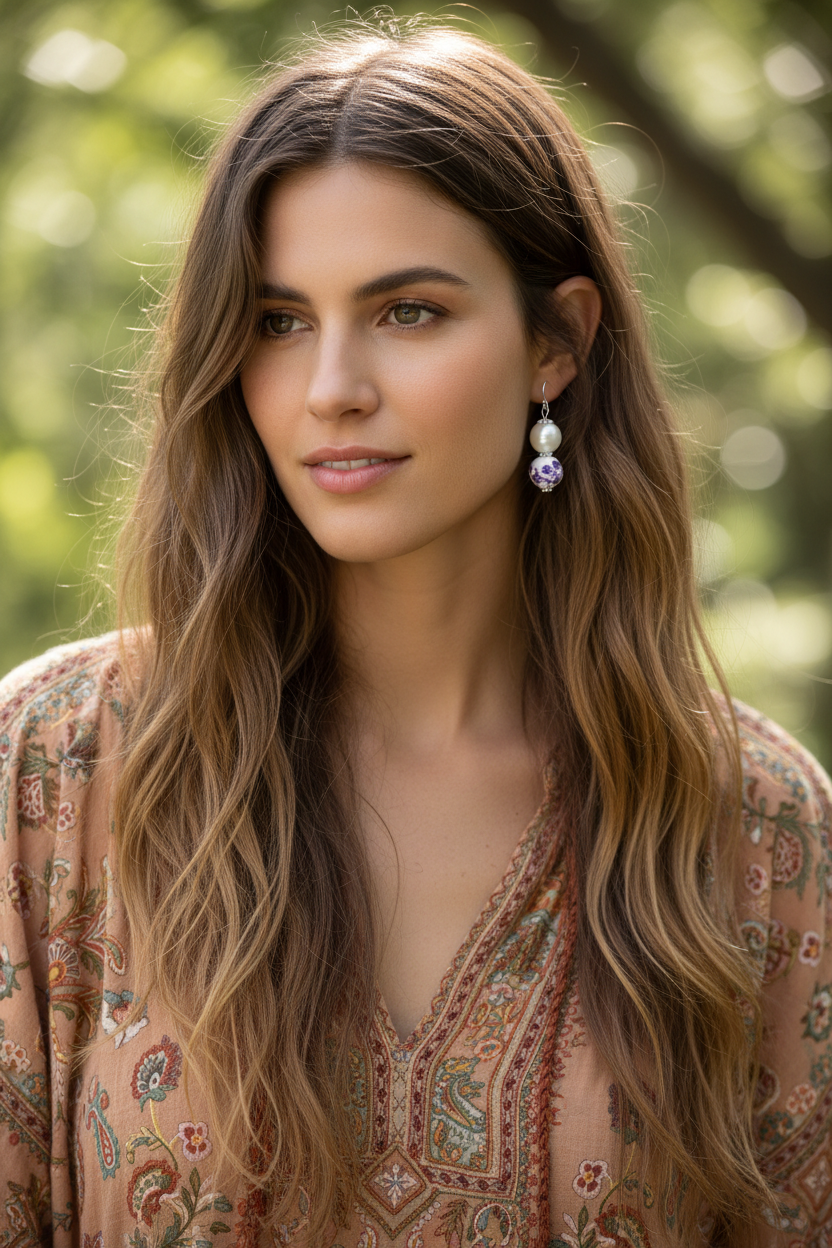 Purple Flower Pearl Dangle Earrings | Handcrafted Porcelain Jewelry, Earrings, $ 18.95, A Moment Of Now™