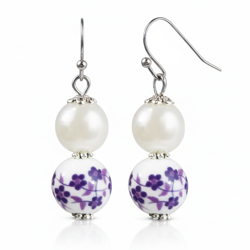 Purple Flower Pearl Dangle Earrings | Handcrafted Porcelain Jewelry, Earrings, $ 18.95, A Moment Of Now™
