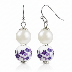 Purple Flower Pearl Dangle Earrings | Handcrafted Porcelain Jewelry, Earrings, $ 18.95, A Moment Of Now™