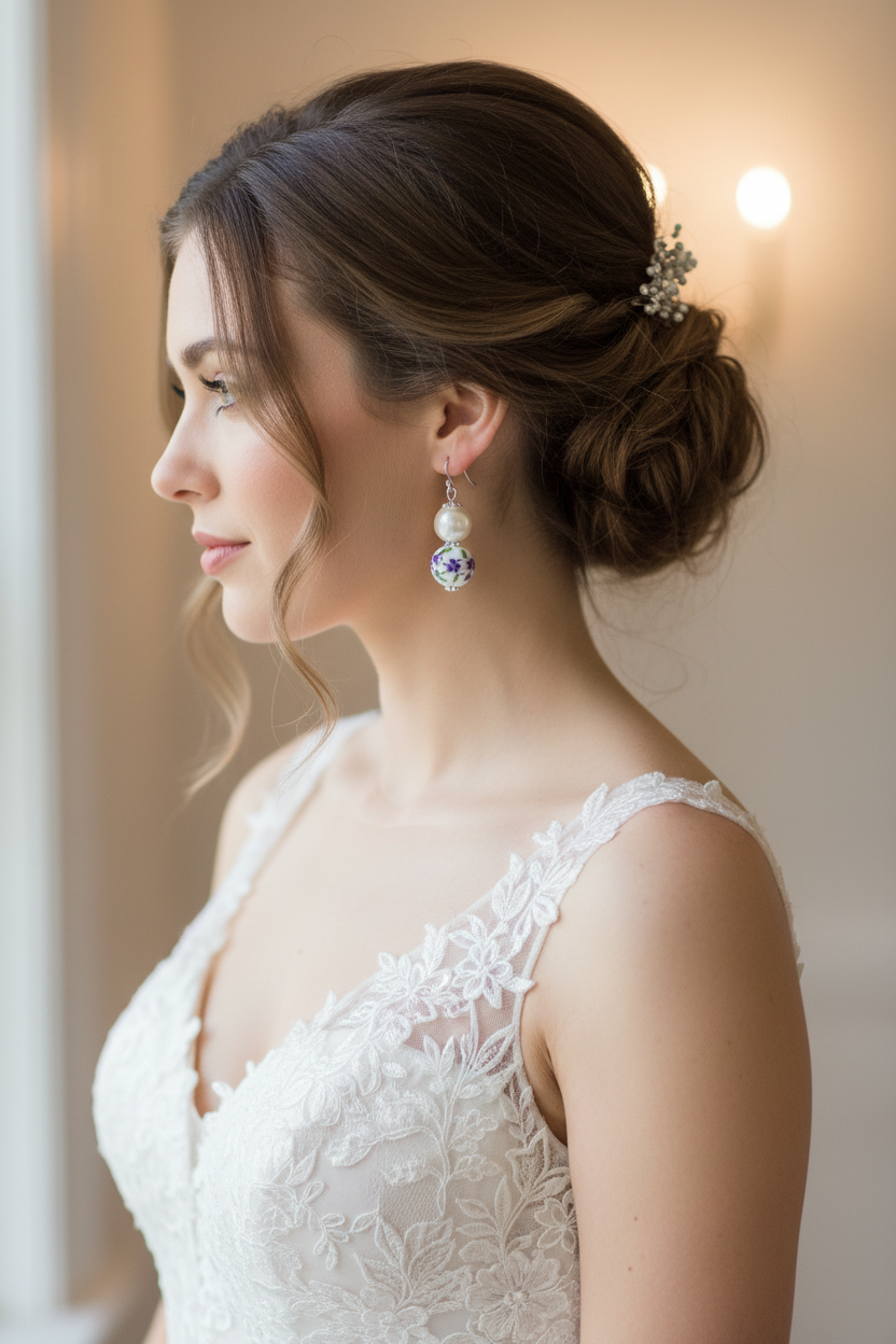 Purple Flower Pearl Dangle Earrings | Handcrafted Porcelain Jewelry, Earrings, $ 18.95, A Moment Of Now™