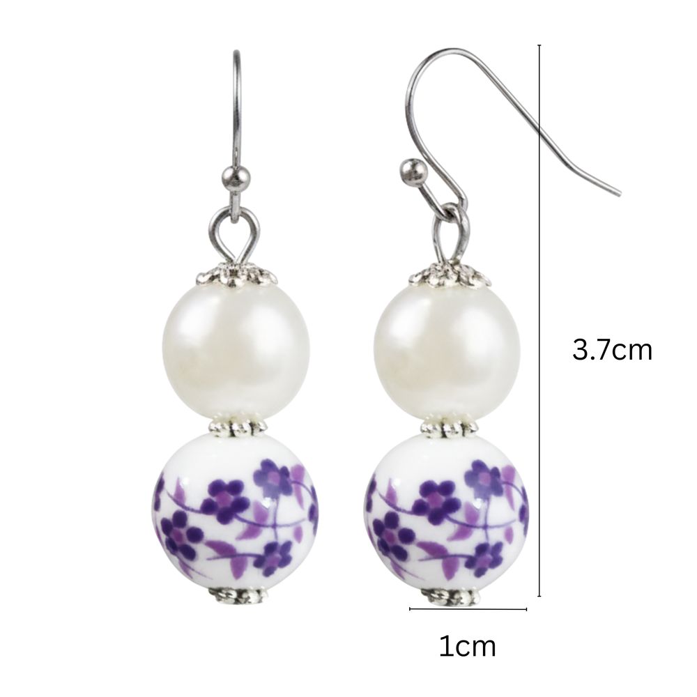 Purple Flower Pearl Dangle Earrings | Handcrafted Porcelain Jewelry, Earrings, $ 18.95, A Moment Of Now™