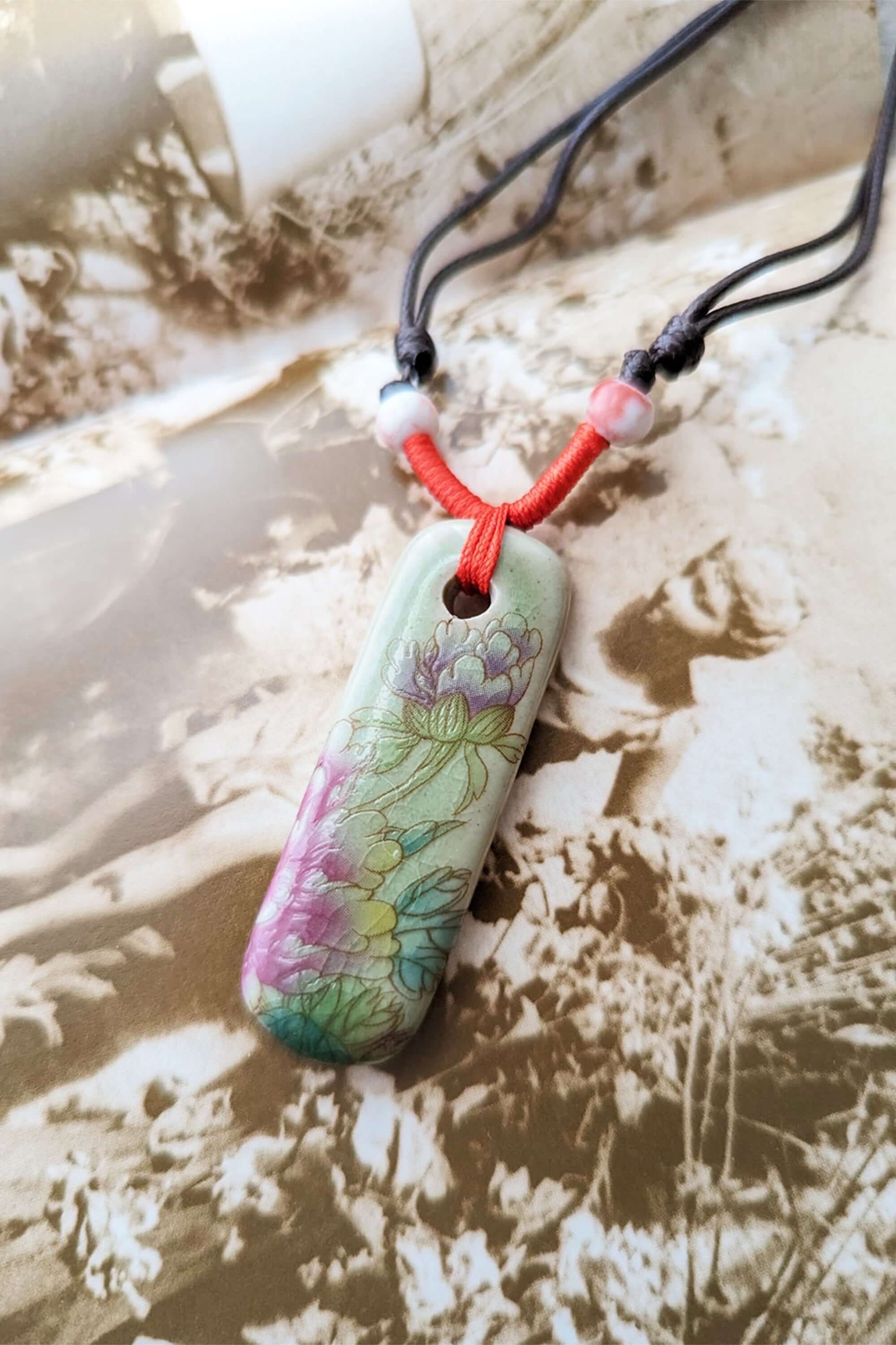 Handmade Ceramic Floral Painting Crackled Pendant Necklace, Li-Jacobs, $ 19.99