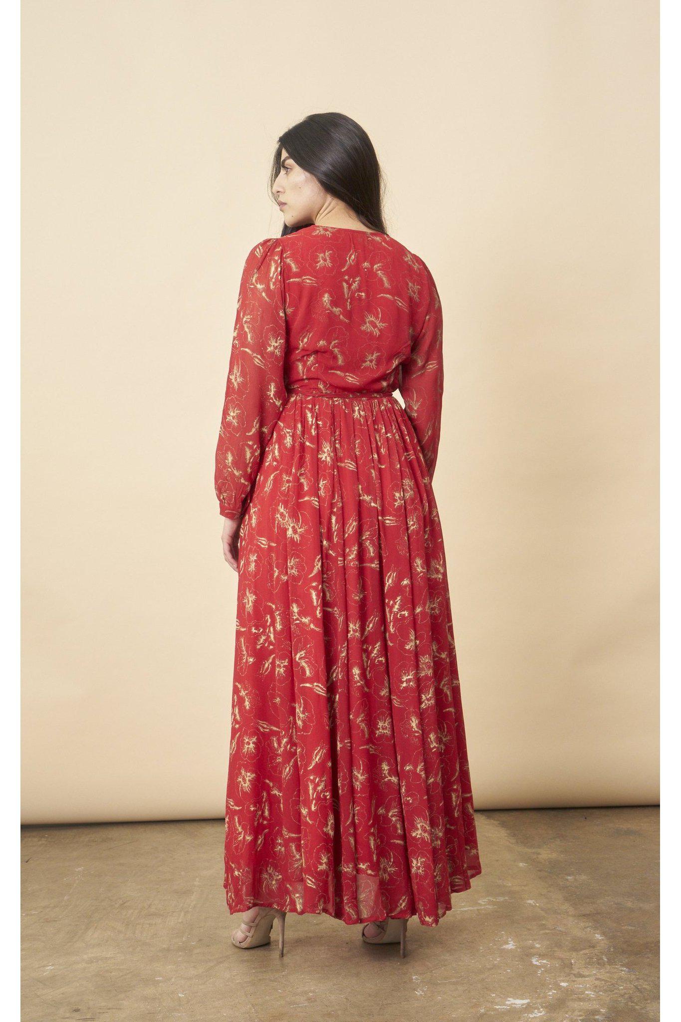 Hibiscus Empress Wrap Dress Red Lipstick + Gold | Boutique In USA, Dresses, $ 220.00, A Moment Of Now™
