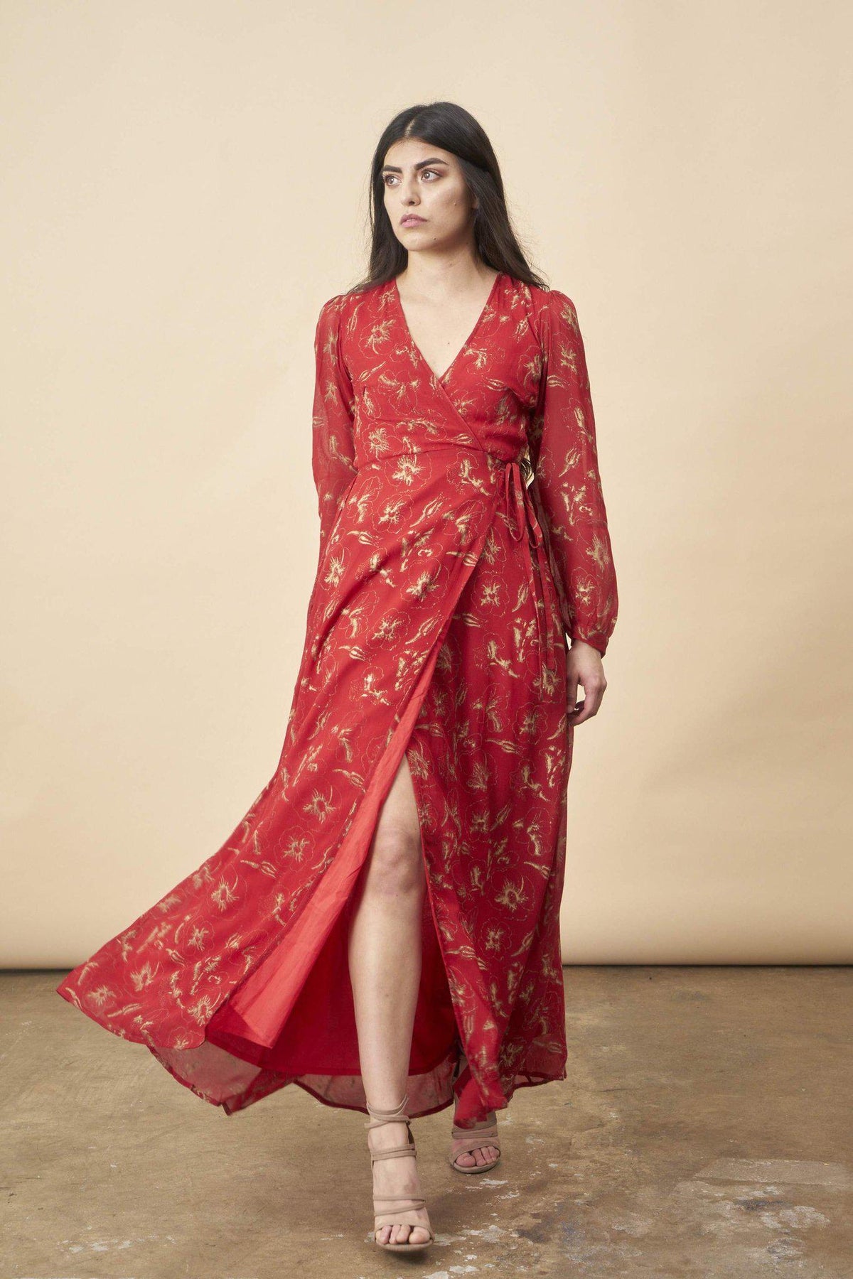 Hibiscus Empress Wrap Dress Red Lipstick + Gold | Boutique In USA, Dresses, $ 220.00, A Moment Of Now™