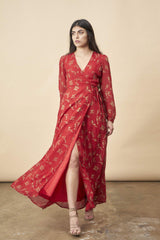 Hibiscus Empress Wrap Dress Red Lipstick + Gold | Boutique In USA, Dresses, $ 220.00, A Moment Of Now™