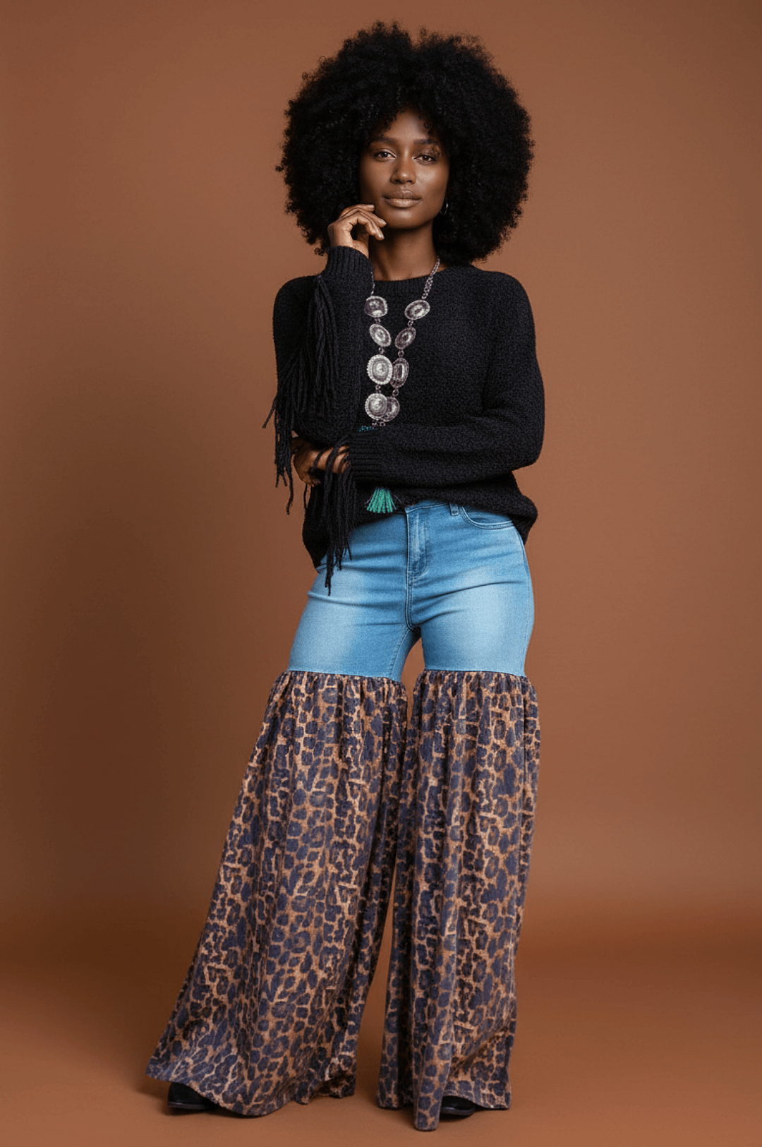 Distressed Light Denim Animal Print Palazzo Wide Leg Jeans