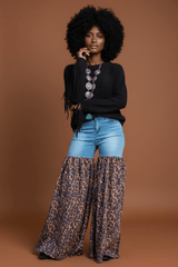 Distressed Light Denim Animal Print Palazzo Wide Leg Jeans