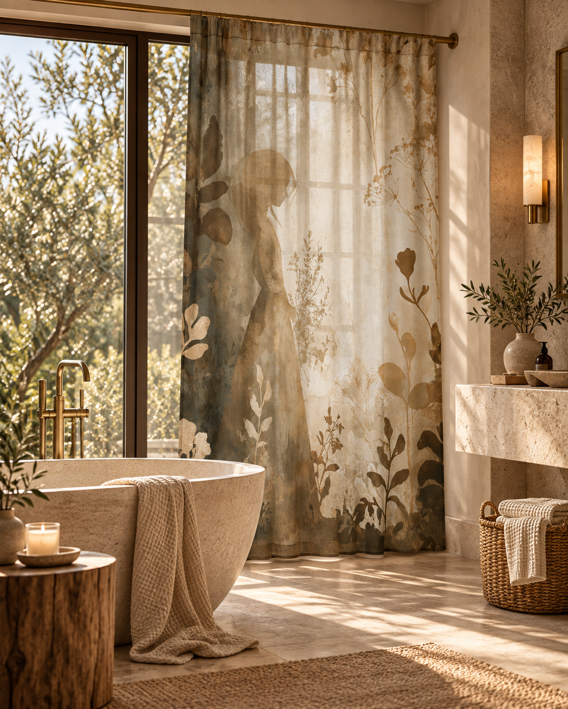 Silhouette Garden Scene sheer curtain Right Panel in a spa-like modern bathroom