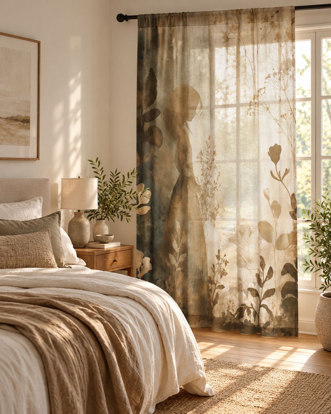 Silhouette Garden Scene sheer curtain Right Panel in a warm neutral bedroom