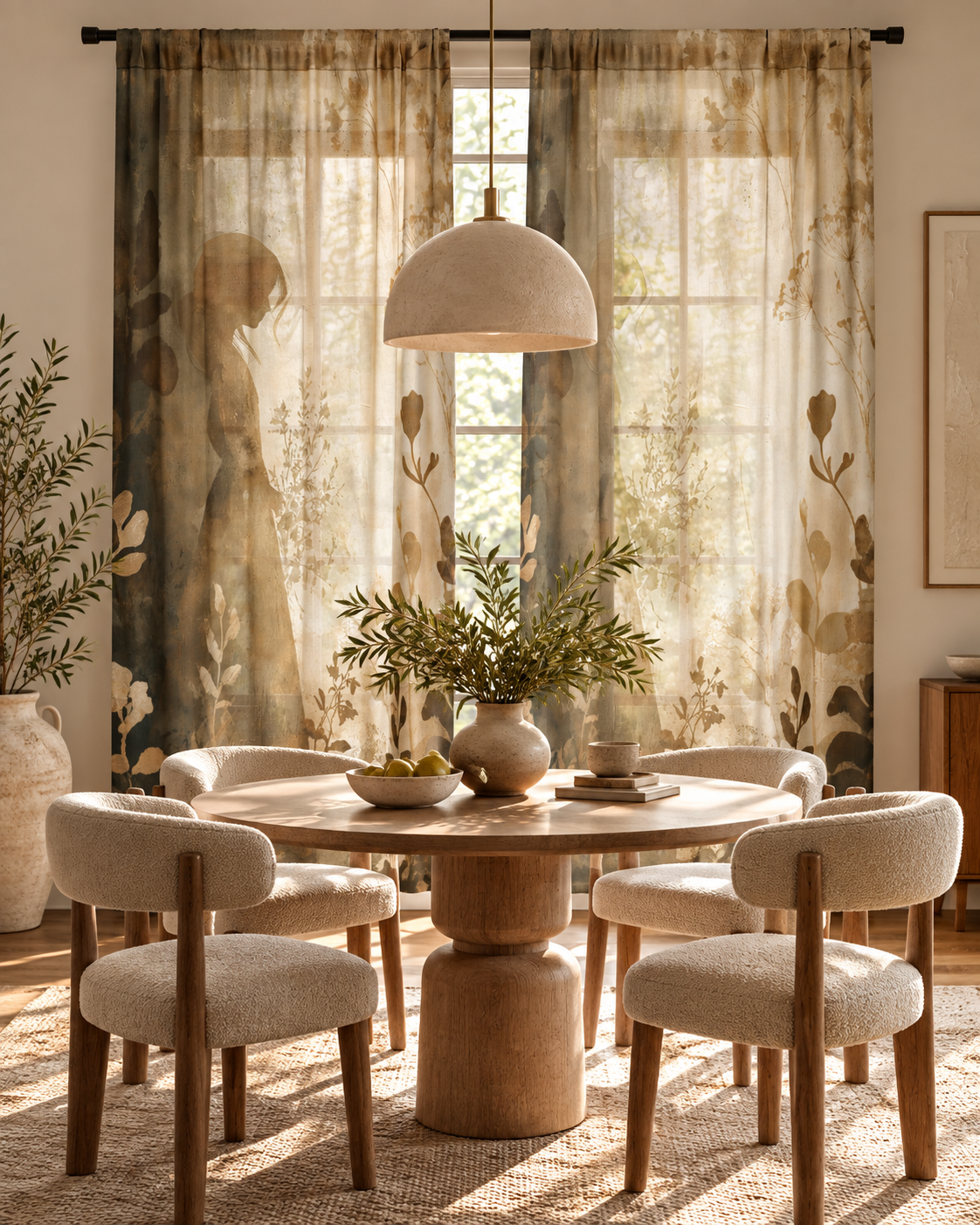 Silhouette Garden Scene Left and Right sheer curtain panels in a modern dining room