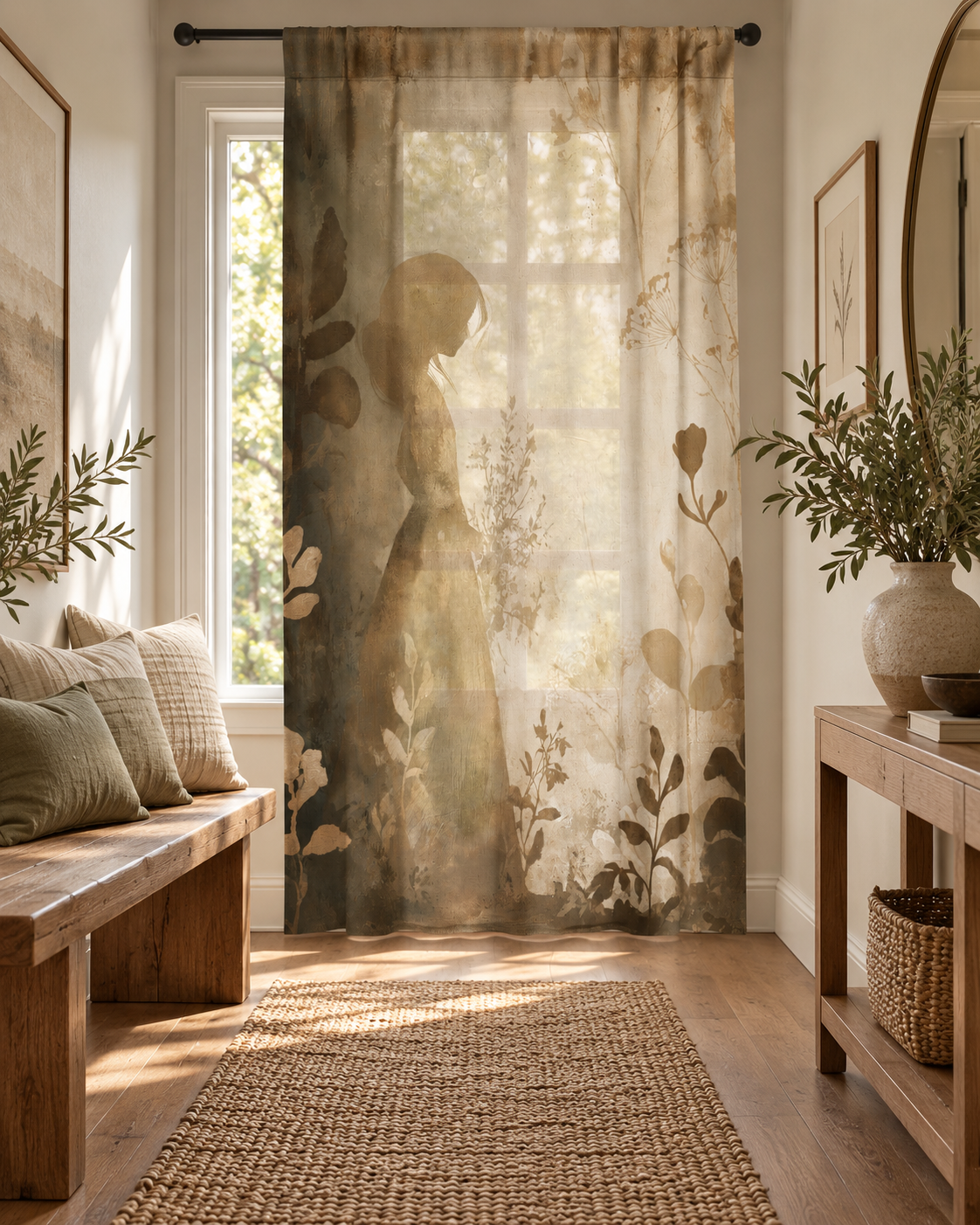 Silhouette Garden Scene sheer curtain Right Panel in a warm modern entryway