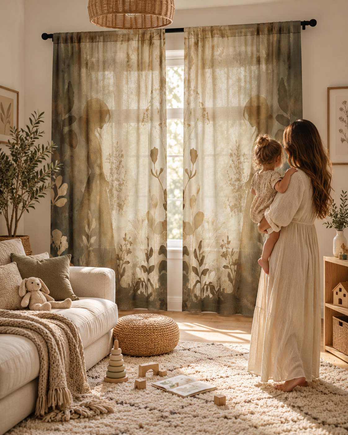 Silhouette Garden Scene Left and Right sheer curtain panels in a soft neutral family room