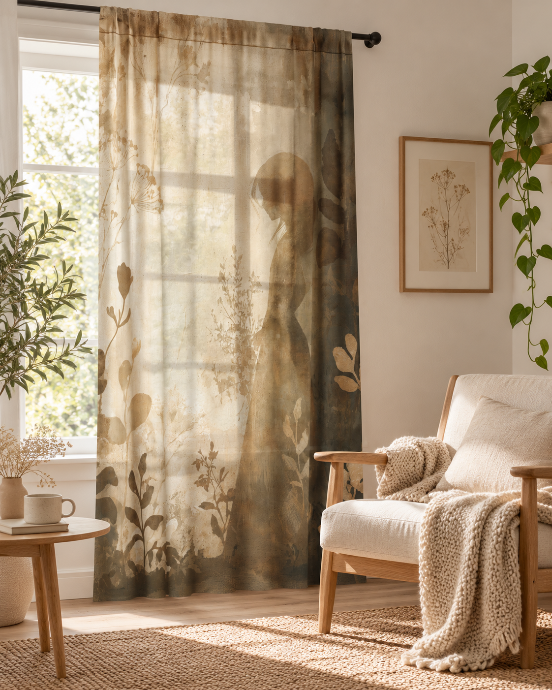 Silhouette Garden Scene sheer curtain Left Panel in a bright modern reading nook