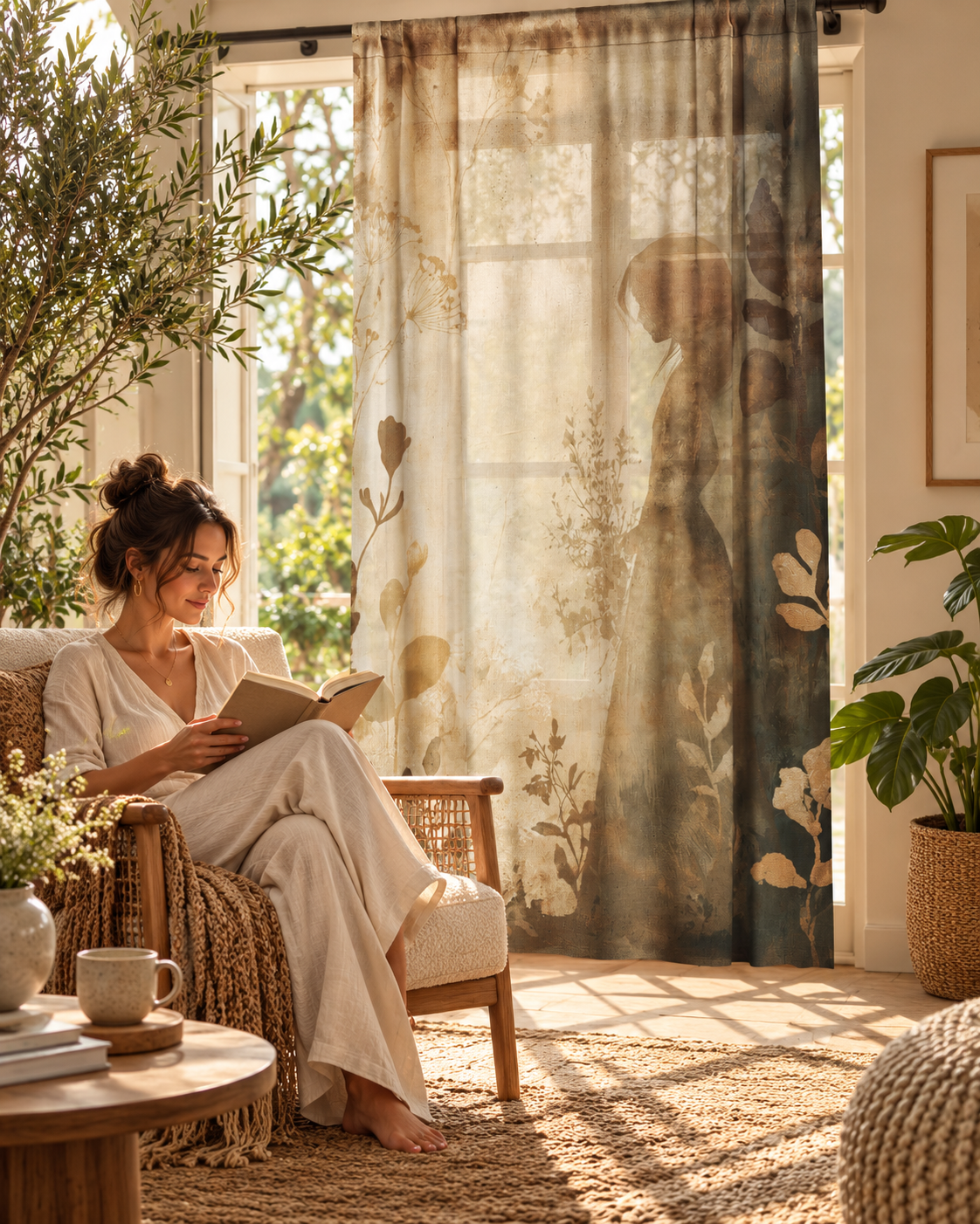 Silhouette Garden Scene sheer curtain Left Panel in a sunlit boho modern lounge