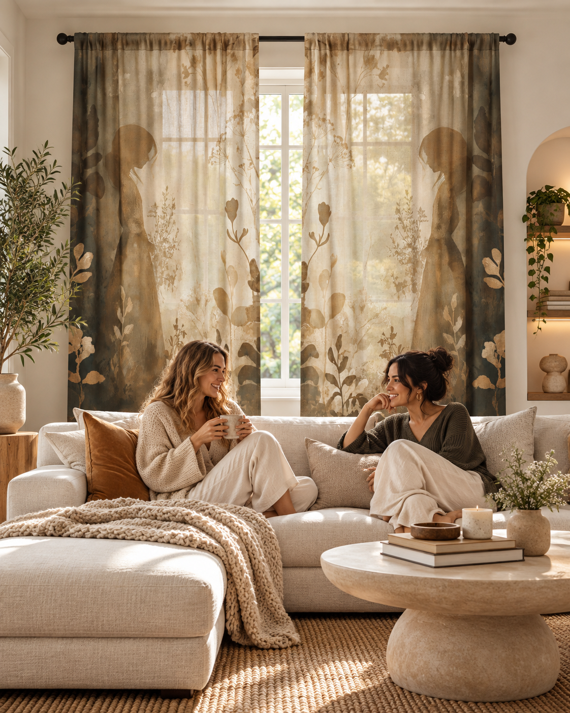 Silhouette Garden Scene Left and Right sheer curtain panels in a chic living room