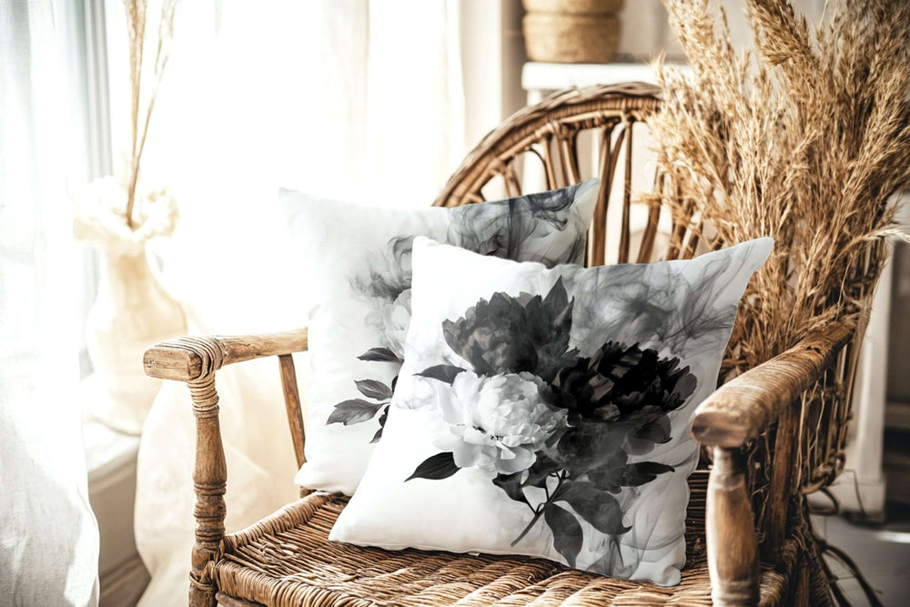 Black and White Smokey Peonies Throw Pillow Cushion, Throw Pillows, $ 55.00, A Moment Of Now™