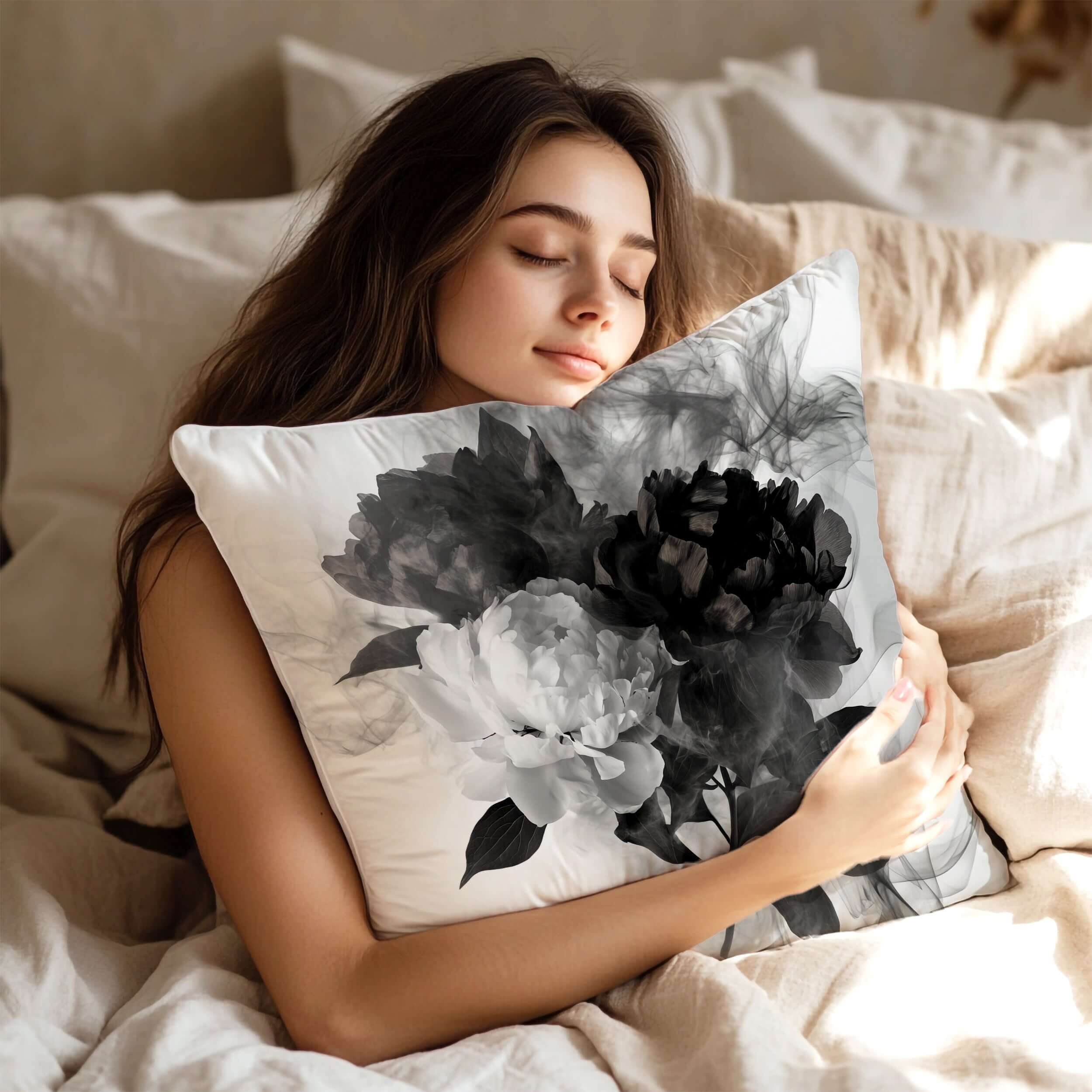 Black and White Smokey Peonies Throw Pillow Cushion, Throw Pillows, $ 55.00, A Moment Of Now™