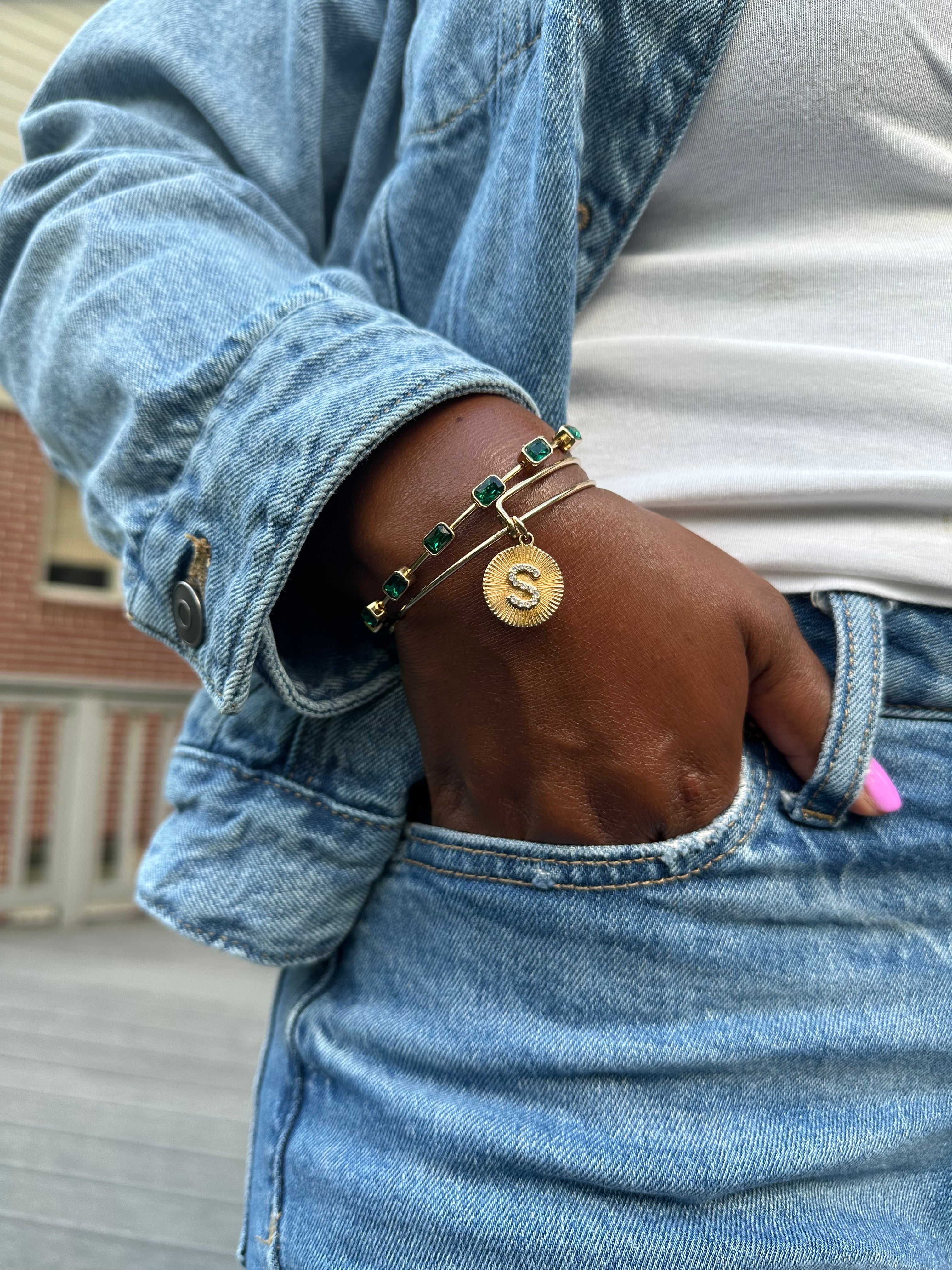 Initial S Pave Starburst Texture Bangle, Bracelets, $ 28.00, A Moment Of Now™