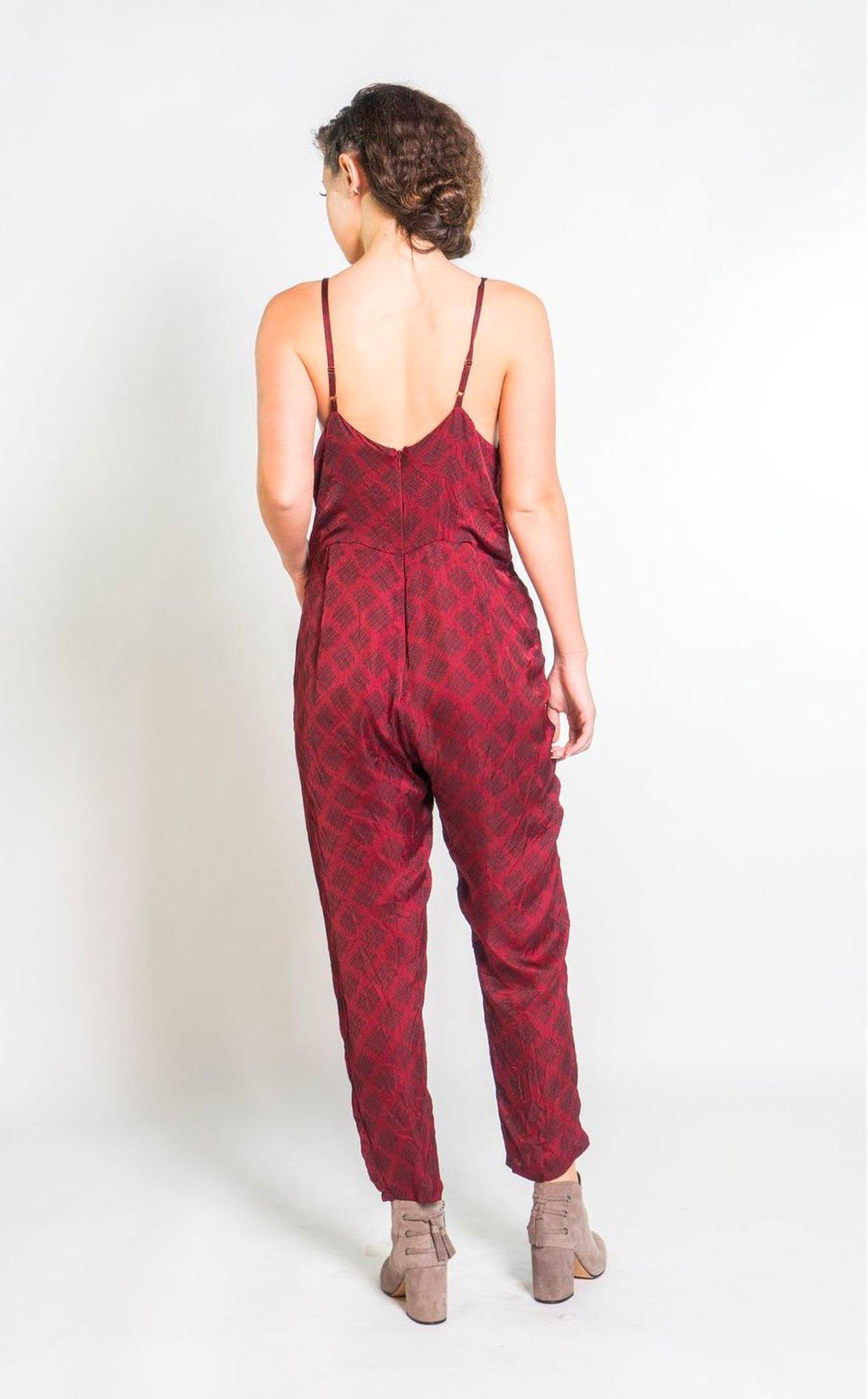 Silky Strappy Jumpsuit in Berry & Black Sketched Plaid | Boutique In USA, Jumpsuits, $ 138.00, A Moment Of Now™