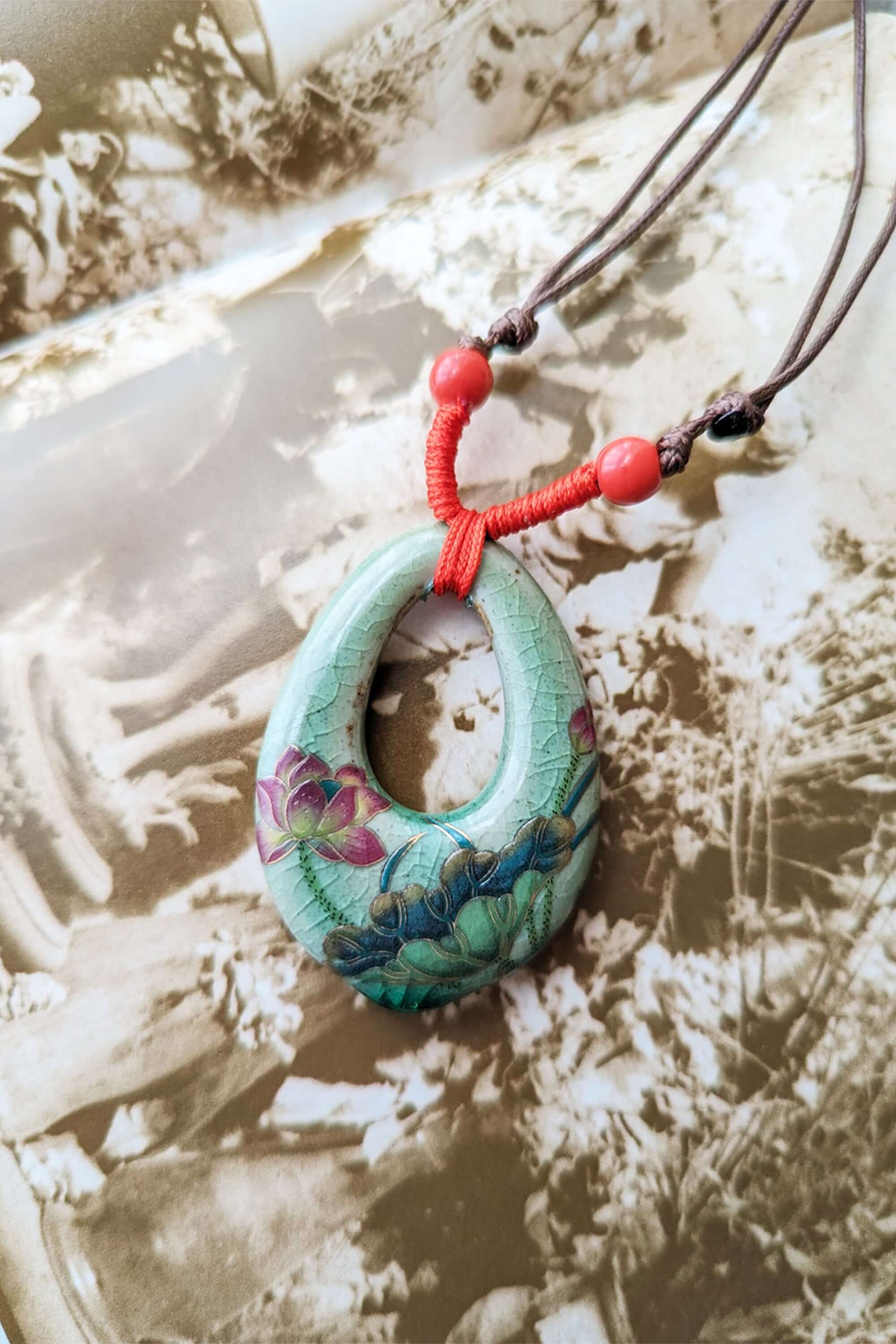 Handmade Ceramic Floral Painting Crackled Pendant Necklace, Li-Jacobs, $ 19.99