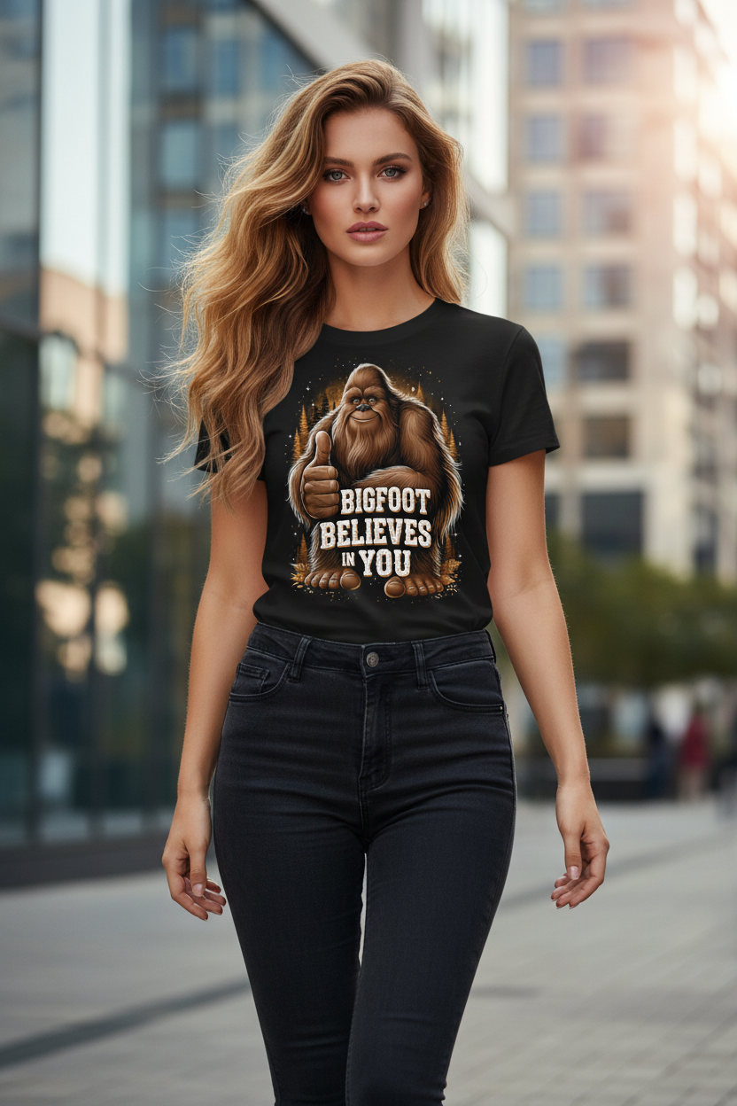 Bigfoot Believes in You Graphic T-Shirt – Funny Sasquatch Thumbs Up Tee
