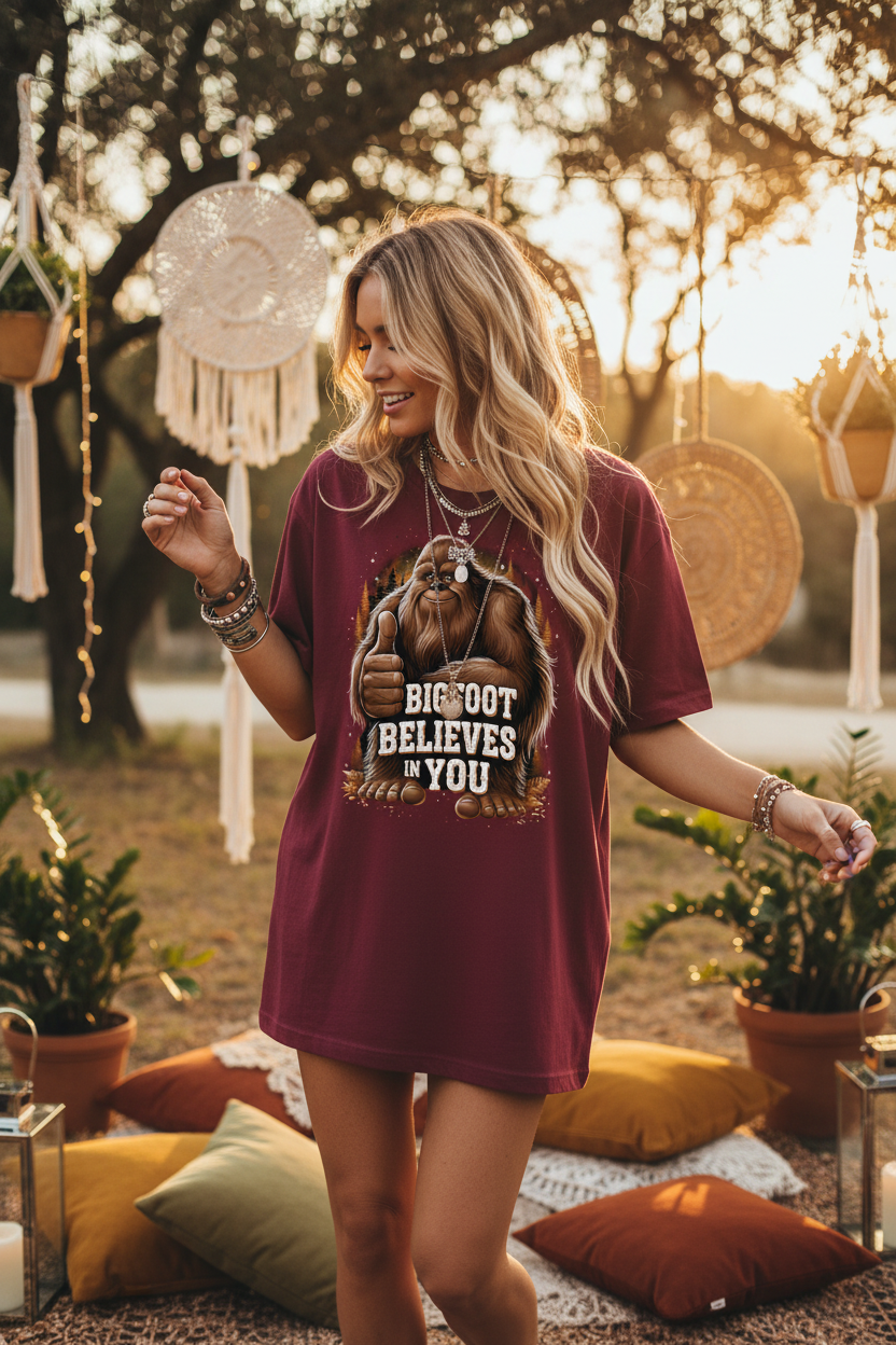 Bigfoot Believes in You Graphic T-Shirt – Funny Sasquatch Thumbs Up Tee